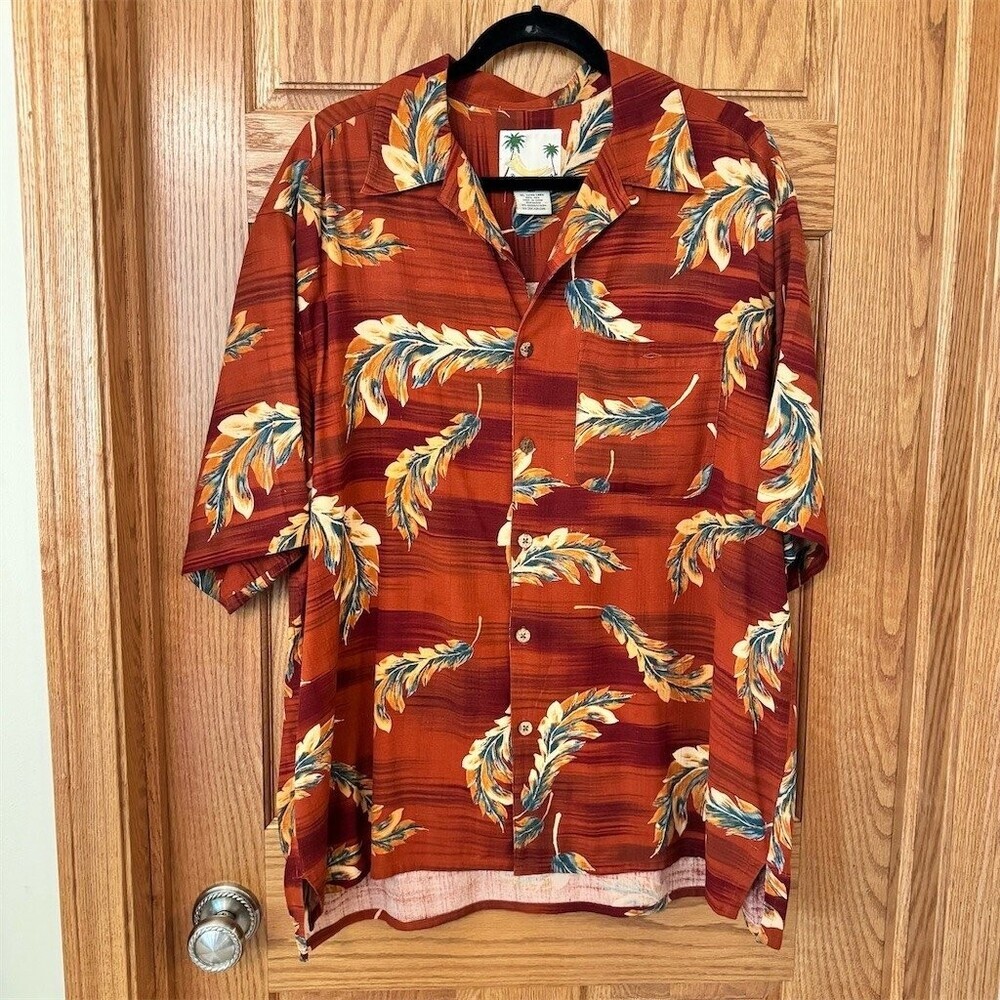 Banana Cabana Mens Hawaiian Aloha Camp Shirt Red Feather Print XL Button